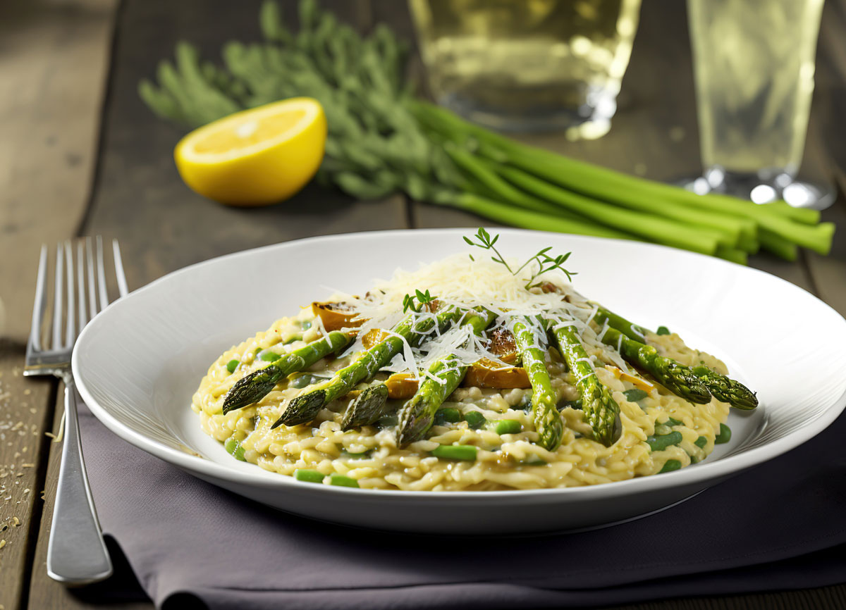 A white bowl of asparagus risotto topped with asparagus spears and pecorino cheese.