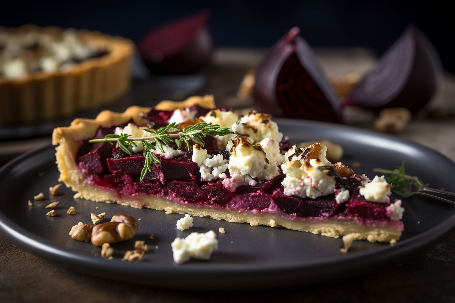Slice of Beetroot and goats cheese tart
